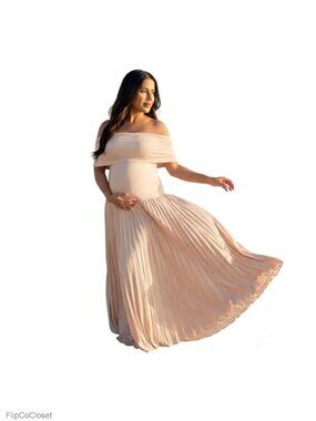 Off Shoulder Maternity Maxi Dress Pleated Flowy Gown Photoshoot Baby Shower